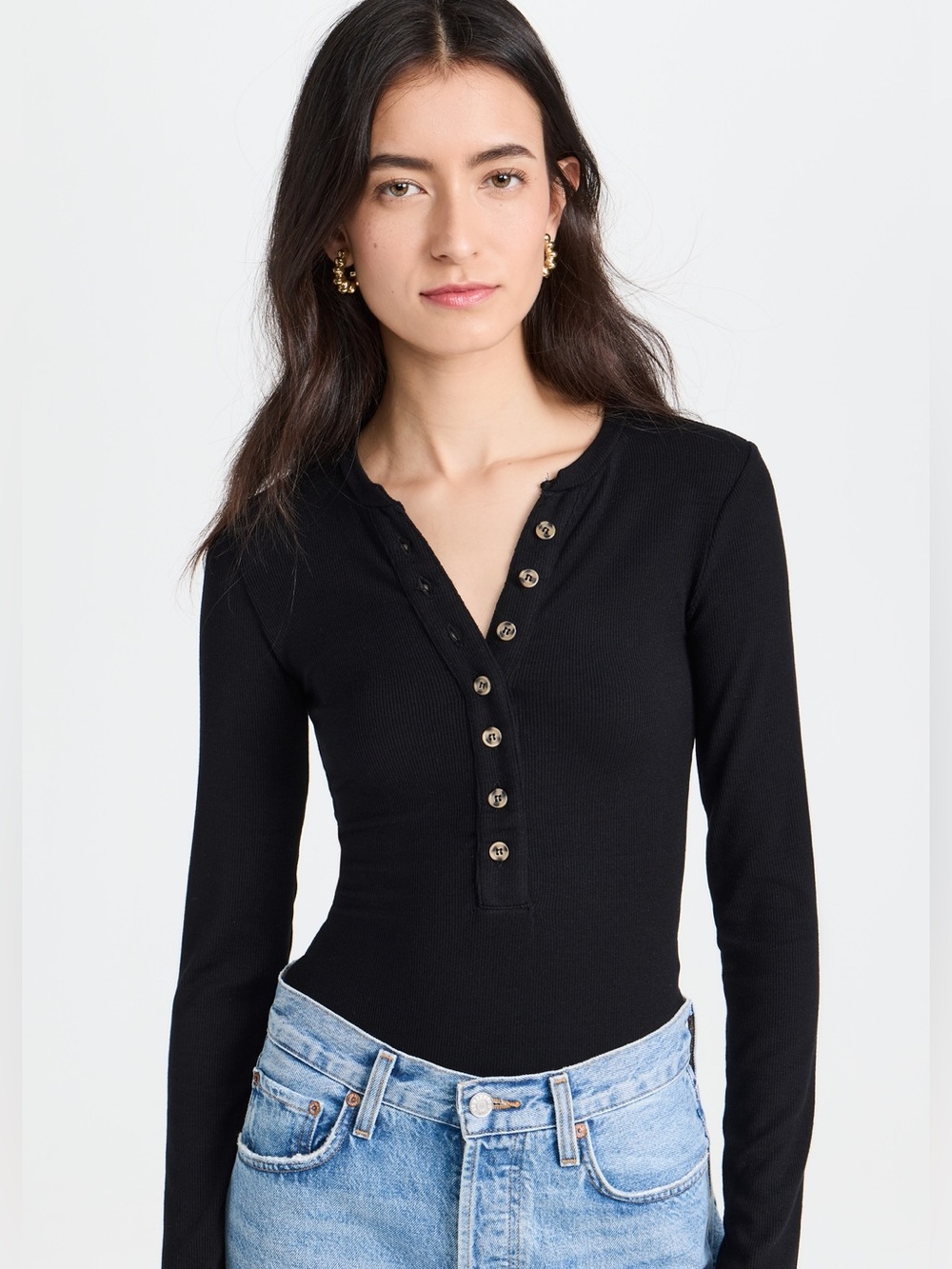 Ambitionist Button Up Ribbed Henley Thong Bodysuit - L